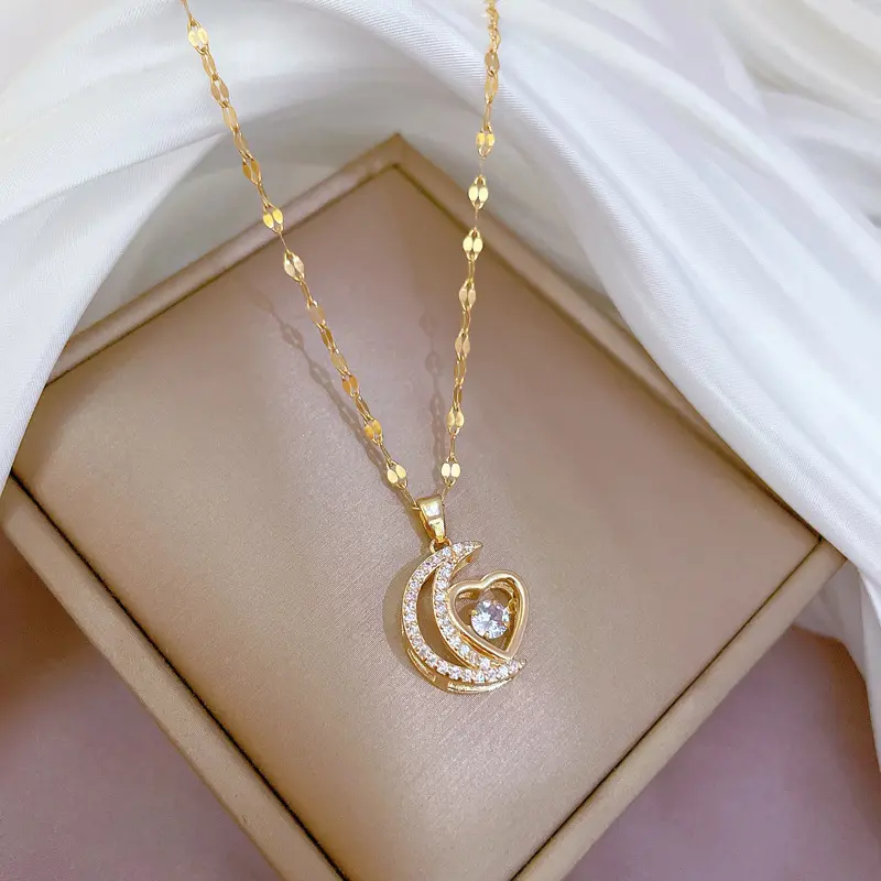 Collier en cuivre incrusté d'étoiles de lune, chaîne en acier inoxydable remplie d'or, bijoux tendance, accessoires pour femmes