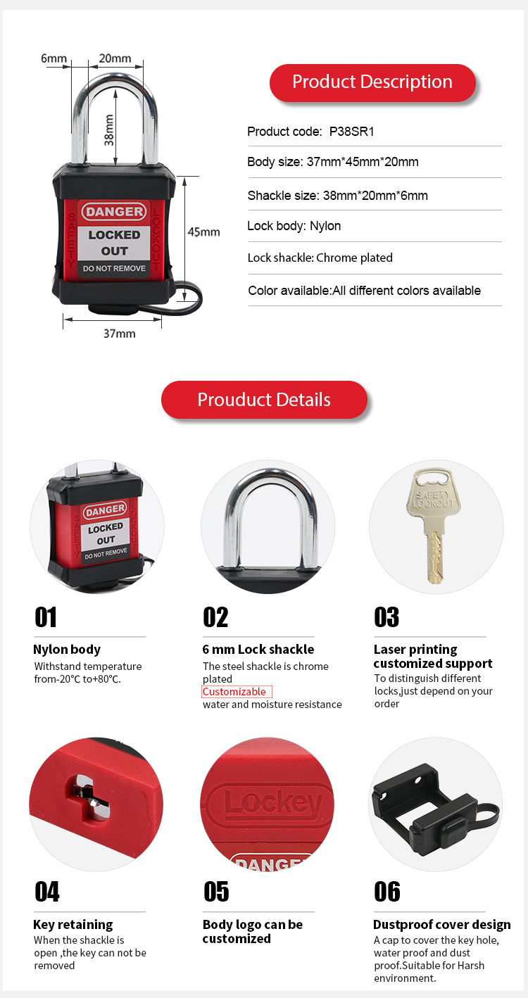 Colored Waterproof 38mm Safety Padlock with Half Black Dust-proof Rubber Cover