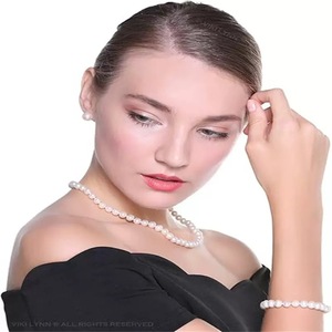 Clássico Simples <span class=keywords><strong>8</strong></span>-9mm Pérola Colar Pulseira Brincos Set Sterling Silver com Nail Inserção Strand Cadeia para Casamentos