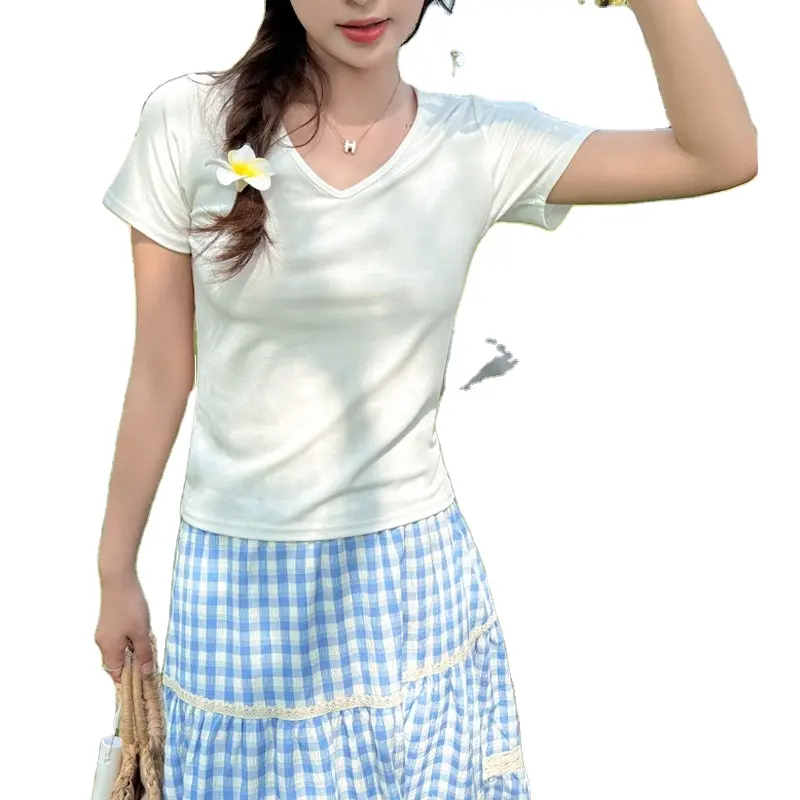 T4511卸売ピマコットン高品質バルクブランクTシャツカスタムVネックスリムフィットTシャツ女性