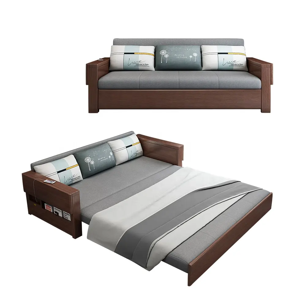 Nordic modern design fabric living room features folding sleeper sofa bed Wooden sofa bed with locker bed