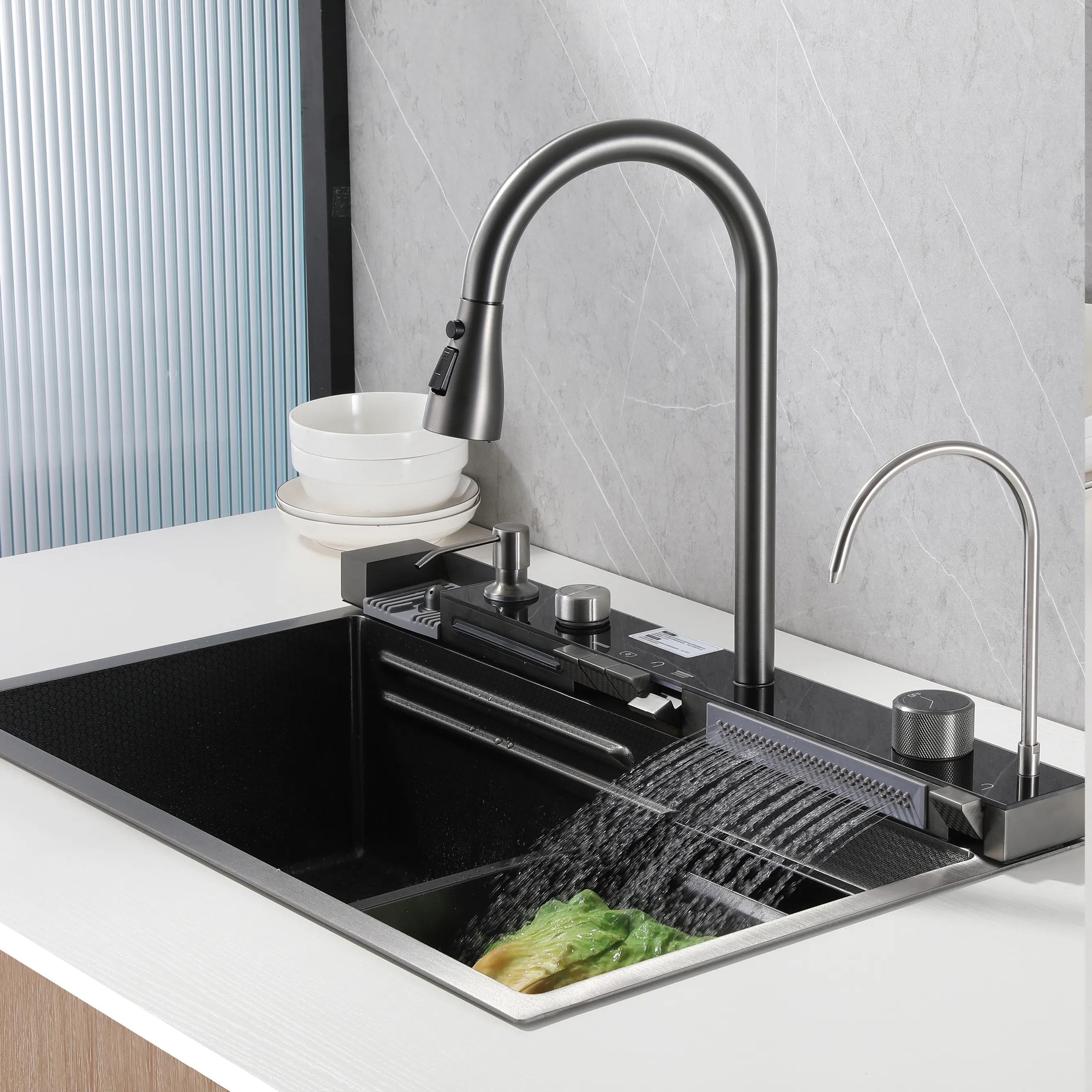 Cachoeira conjunto cozinha pia e torneira acessórios aço inoxidável bancada cozinha pia incluem retirada torneira da cozinha