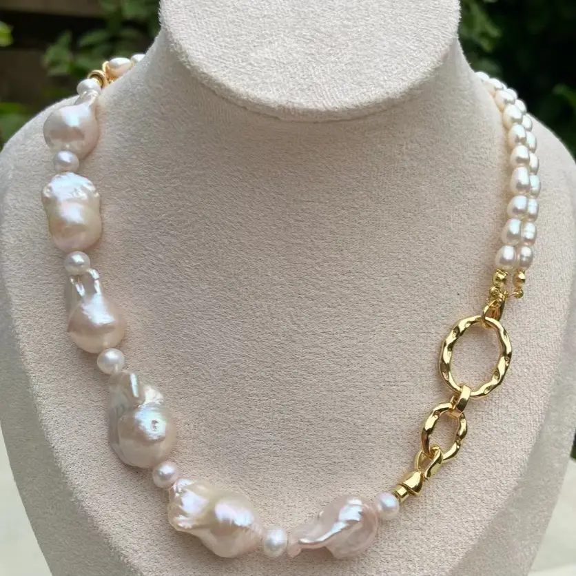 Collar de perlas barrocas de lujo hecho a mano para mujer, cuentas chapadas en oro y plata para compromiso, regalos de fiesta de boda