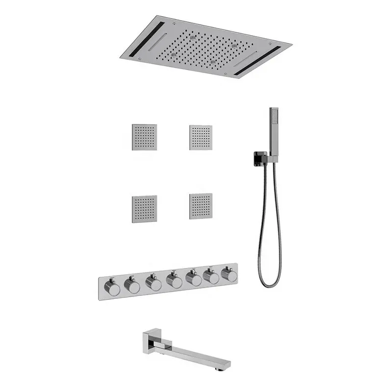 Conjunto de chuveiro de banheiro com cabeça grande LED montado na parede sistema de chuveiro misturador de banheira termostática oculta