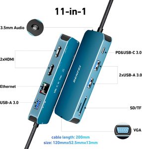 Benfei USB C <span class=keywords><strong>HUB</strong></span> 11 trong 1 MST Docking Station với 2xhdm i1xvga, 3xUSB 3.0/SD/TF Đầu Đọc Thẻ/Ethernet/100W PD/3.5mm AUX - Product Image 2