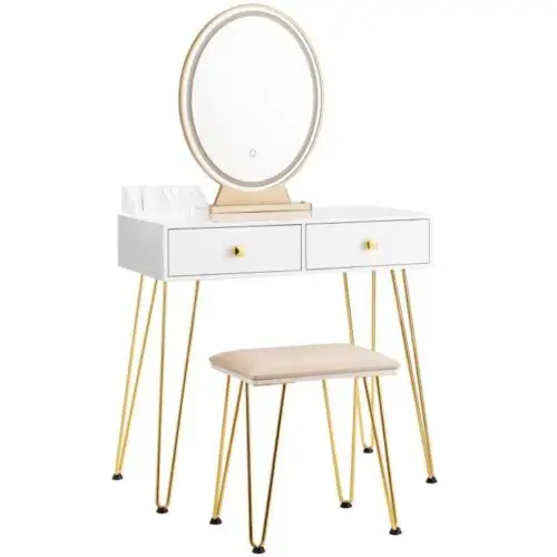 Moderno blanco oro MDF madera contrachapada vidrio melamina tocador madera maquillaje tocador luz LED espejo taburete para dormitorio