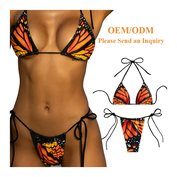 Custom New Sexy Butterfly Print Mini Micro Brazilian Two Piece Bikini Beachwear Halter Swimsuit Women Thong Swimwear