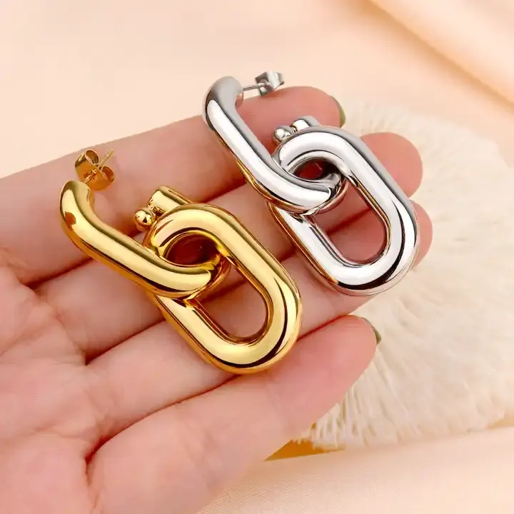 18k Gold Plated Jewelry Waterproof Stainless Steel Dangle Drop Earrings Handmade Fashion Chunky Thick Link Chain Earrings