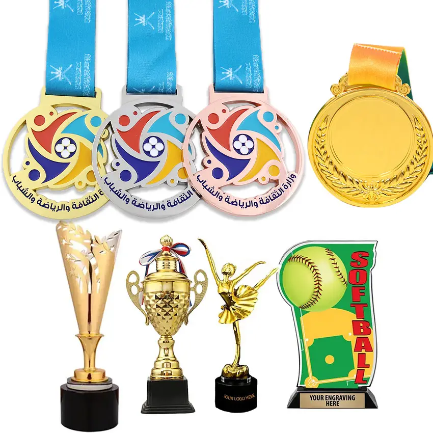 Prix sportif en gros du fabricant personnalisé trophée de football en métal médailles Plauqes et trophées