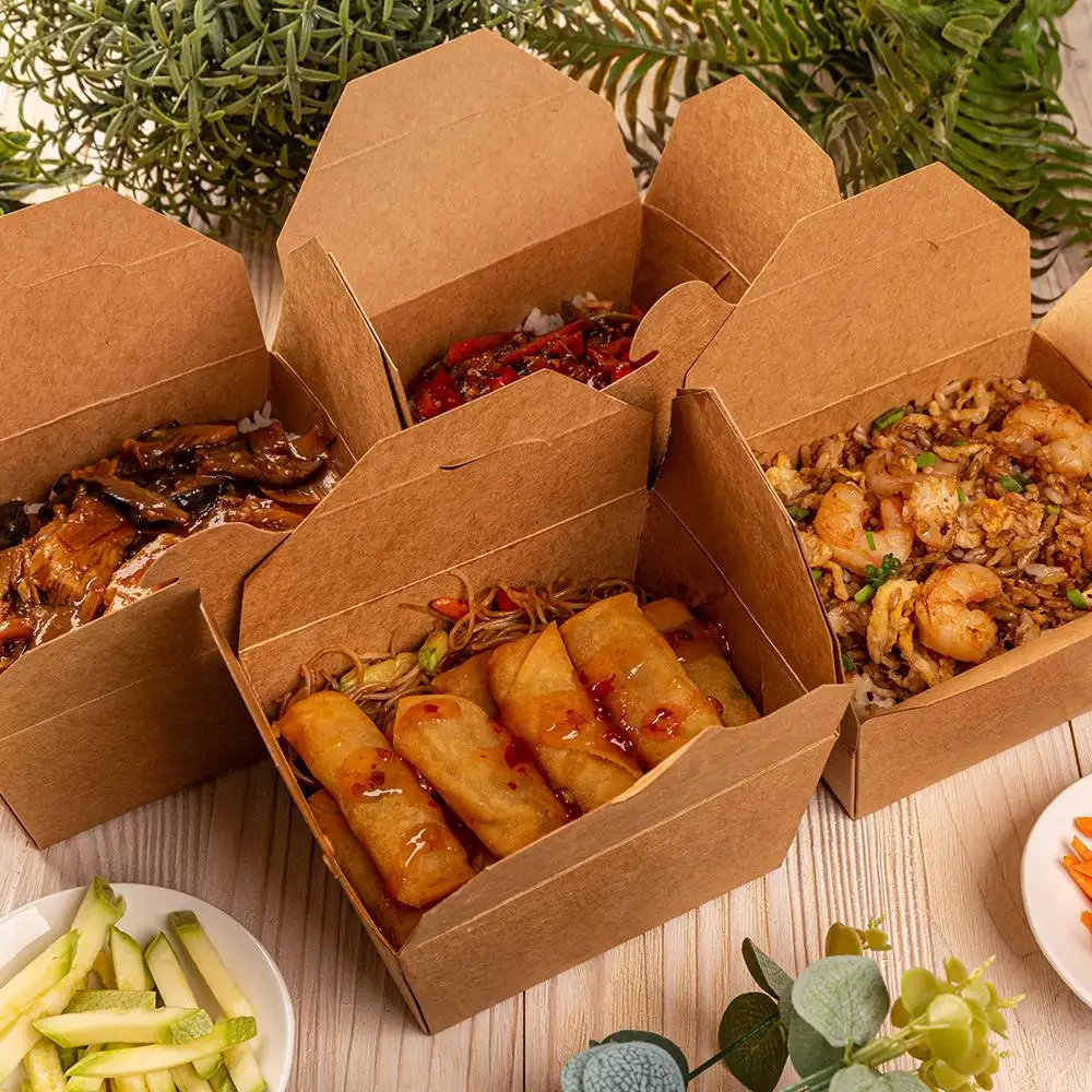 Barato logotipo personalizado marrom kraft cartão bolas papel catering takeout para ir papel takeaway hambúrguer refeição bolo comida recipiente caixa