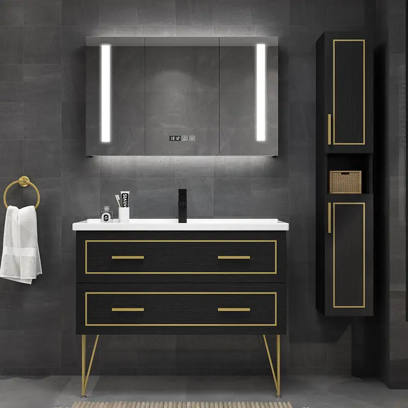 Alta qualidade ecológica bordo barato piso montado lavatório cerâmico banheiro inteligente espelho armário vaidade