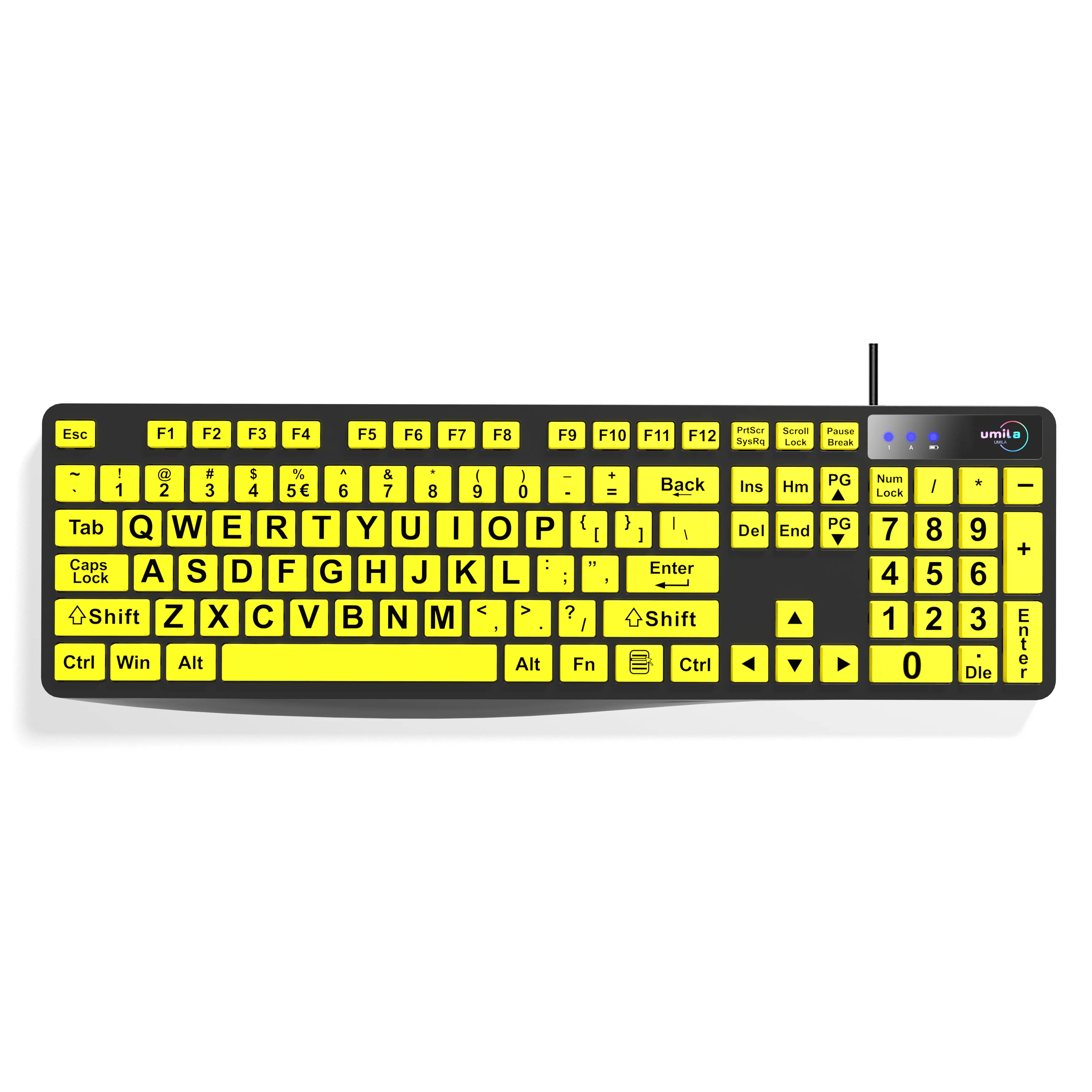 Grande teclado de computador com fio usb, grande impressão, letra de impressão com teclas amarelas alto contraste, teclado amarelo faz tipo fácil