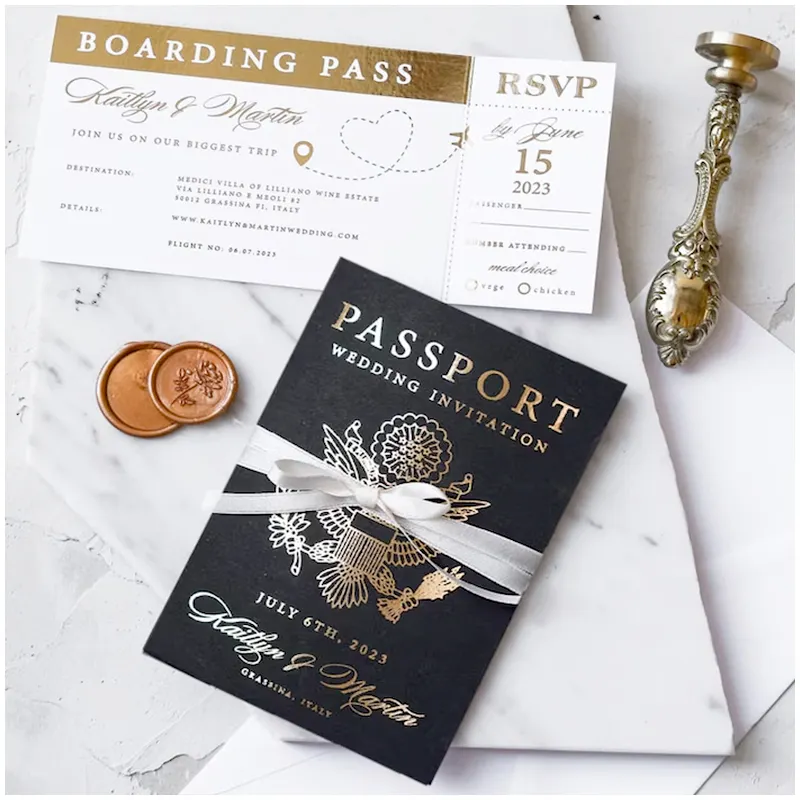Carta d'invito di nozze di alta qualità all'ingrosso carta d'imbarco passaporto personalizzato carte d'invito di nozze con testo Logo personalizzato