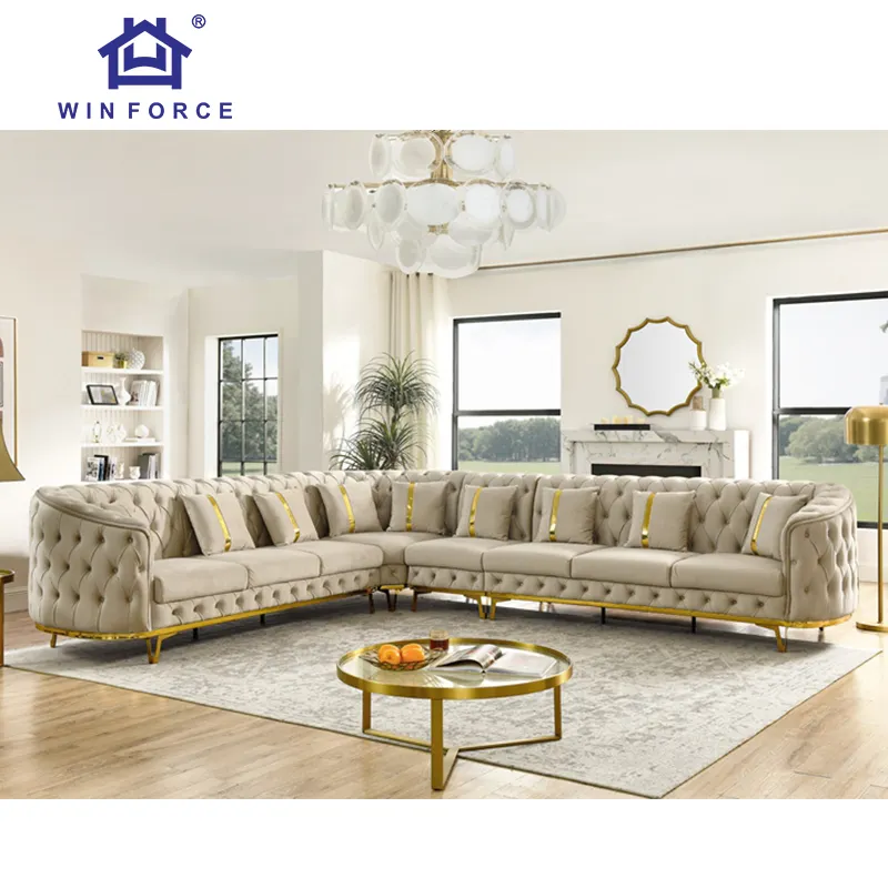 Winforce Türkei Design getuftetes Samt-Luxussofa geteilte Wohnzimmermöbel L-Form Sofa-Set Eck Chesterfield-Sofa