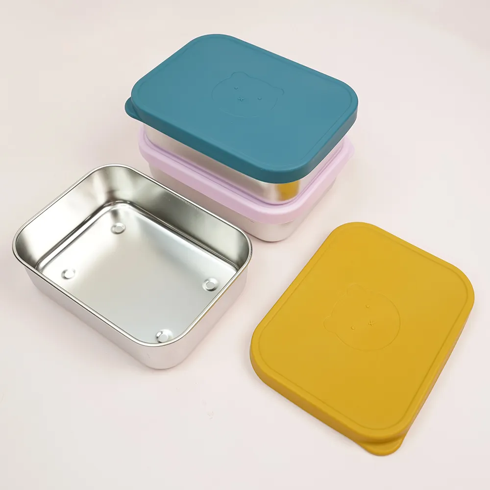 Food Grade Silicone Lid 304 Stainless Steel Metal Kids Rectangle Bento Lunch Box Snack Food Storage Containers