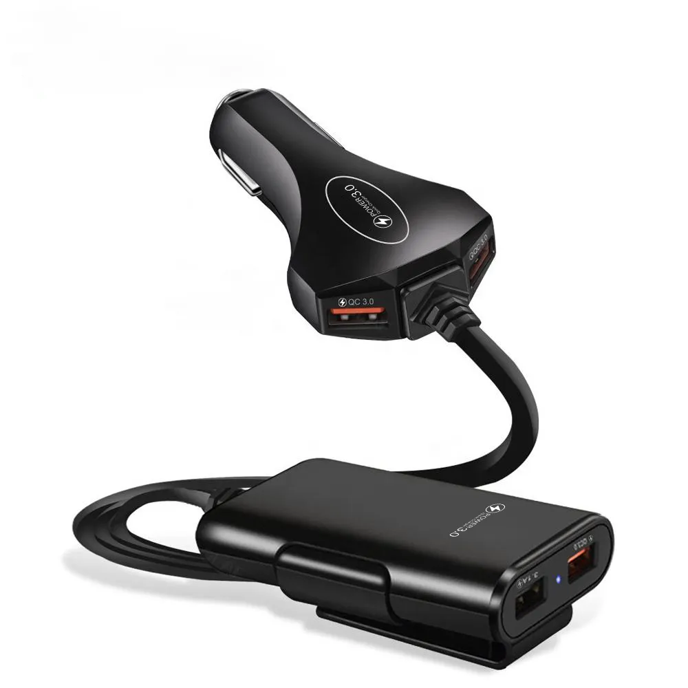 60W 4 Ports avec câble d'extension de 6 pieds pour la Charge du siège arrière avec un Clip téléphone intelligent Charge rapide 3.0 chargeur de voiture 3.1A