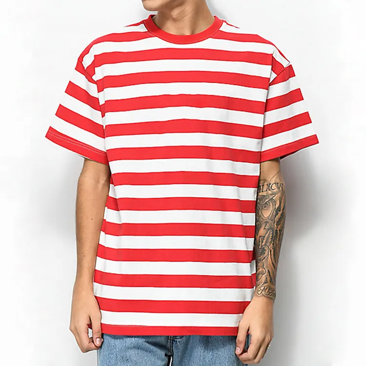 Garment manufacturer flat knit rose red and white o neck stripe cotton t shirts men tshirt