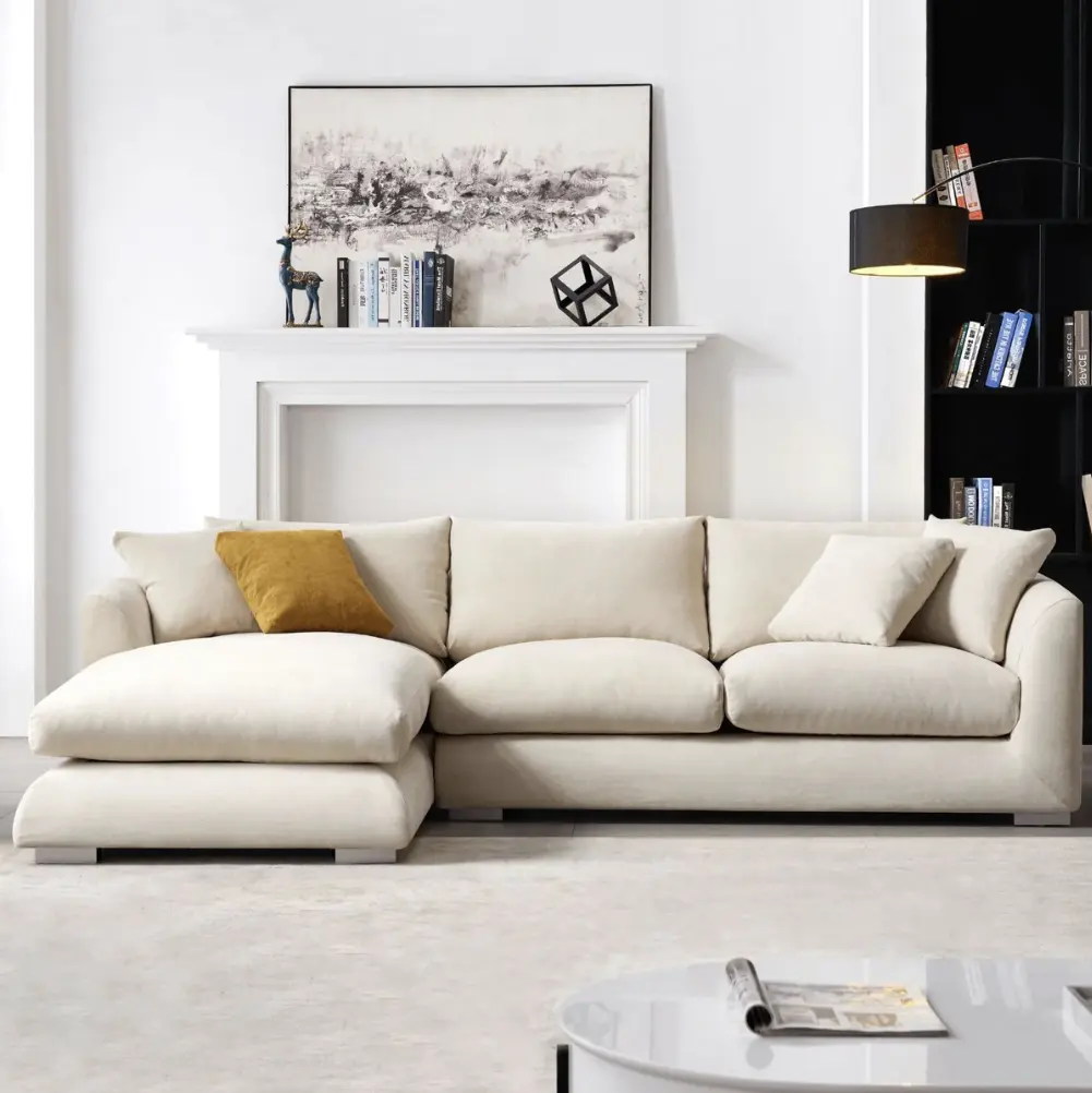 Modern Home Living Room Sofa Set Furniture White Linen Feather Cream Beige Fabric L Shaped Corner Modular Couches Sectional Sofa