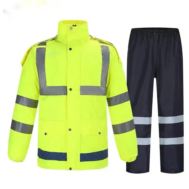 Hi Vis ชุดเสื้อผ้านิรภัยสะท้อนแสงเสื้อกันฝนกันน้ํามองเห็นสูงสําหรับการทํางานจราจรการก่อสร้างถนนในสายฝน