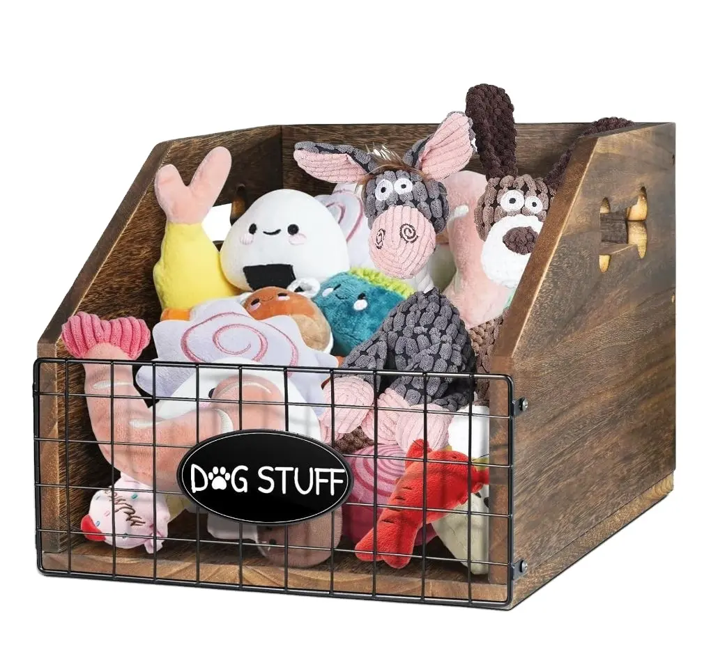 Poubelle à jouets pour chien personnalisée, panier à jouets en bois pour chien avec poignée, grande boîte de rangement pour chiot, laisse, couverture, organisateur de nourriture