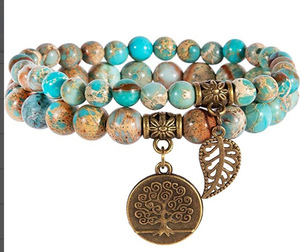 แฟชั่นที่กําหนดเองราคาถูกโชคดีหยกทําด้วยมือ Boho หนังที่มีประสิทธิภาพต้นไม้แห่งชีวิตหินธรรมชาติชุดสร้อยข้อมือสําหรับผู้หญิงที่มีบัตร - Product Image 5