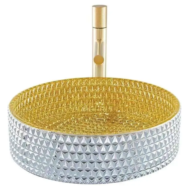 Tocador de baño de cristal, Lavabo de mesa único, Color dorado chapado, diamante