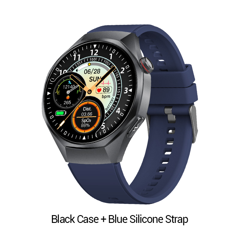 Boîtier noir + bracelet en silicone bleu