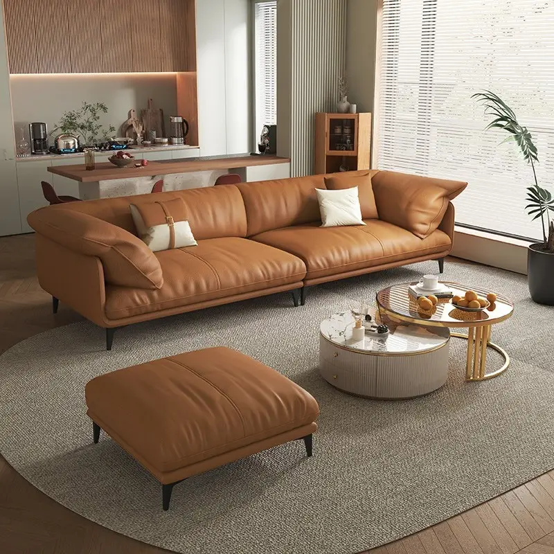 Sofá de cuero minimalista italiano, sofá nórdico naranja, muebles para el hogar, sofá para sala de estar