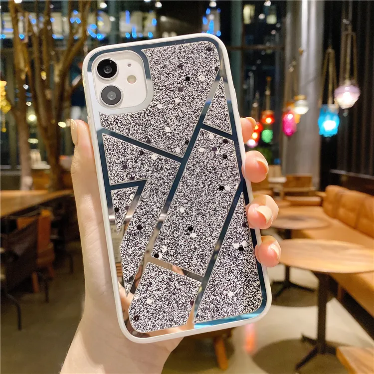 IPhone 12 özel yeni moda lüks şık kristal parlak sim Sparkle Bling gümüş geometrik hat elmas telefon kılıfı