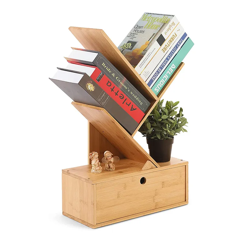 Natuurlijke Bamboe Boom Boekenplank Met Lade Vrijstaande Tijdschriften Boeken Organizer Rack Voor Woonkamer Home Office Slaapkamer