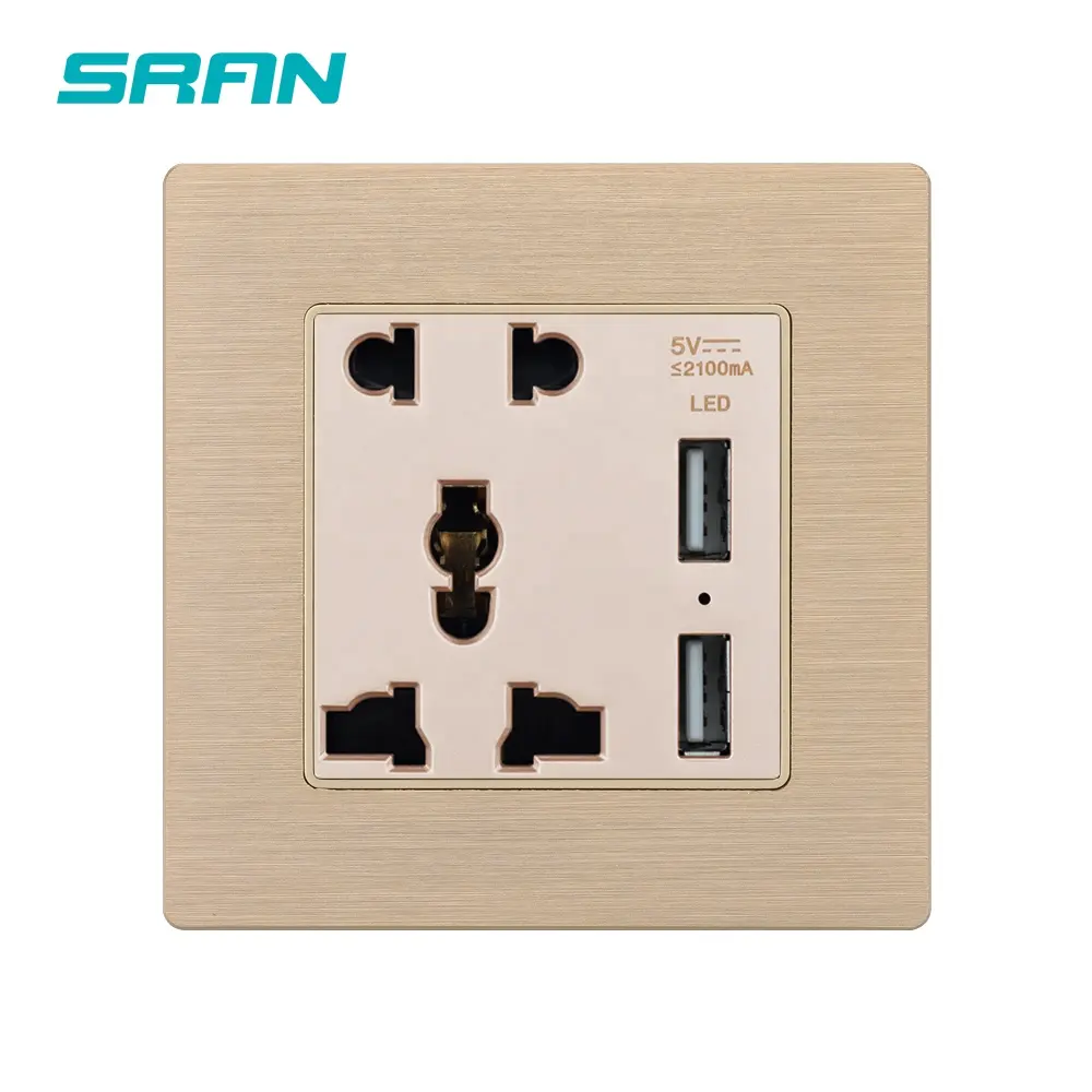 SRAN 2 + 3 pin 13A 5-pin soquete Universal 220V duplo usb plug DC 5V 2.1A tomada interruptora de alumínio preto