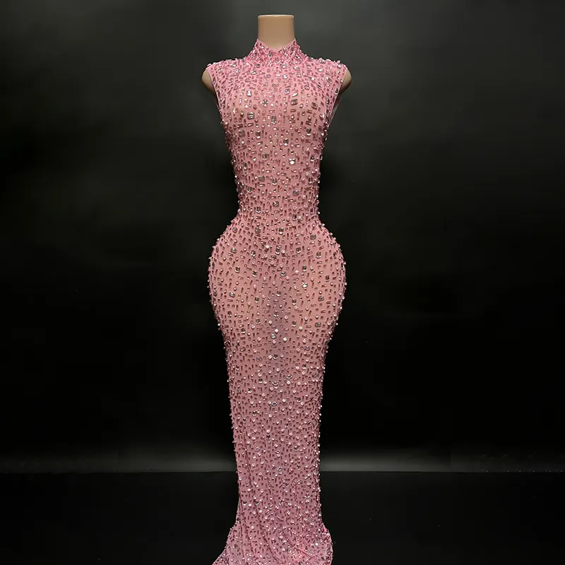 NOVANCE-Vestido largo sin mangas con cristales brillantes para mujer, vestido rosa de cuello alto, para noche, alfombra roja