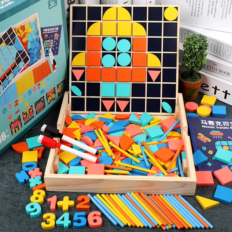 Holz muster blöcke Set Geometrische Form Puzzle Kindergarten Klassische pädagogische Montessori Tangram Spielzeug für Kinder