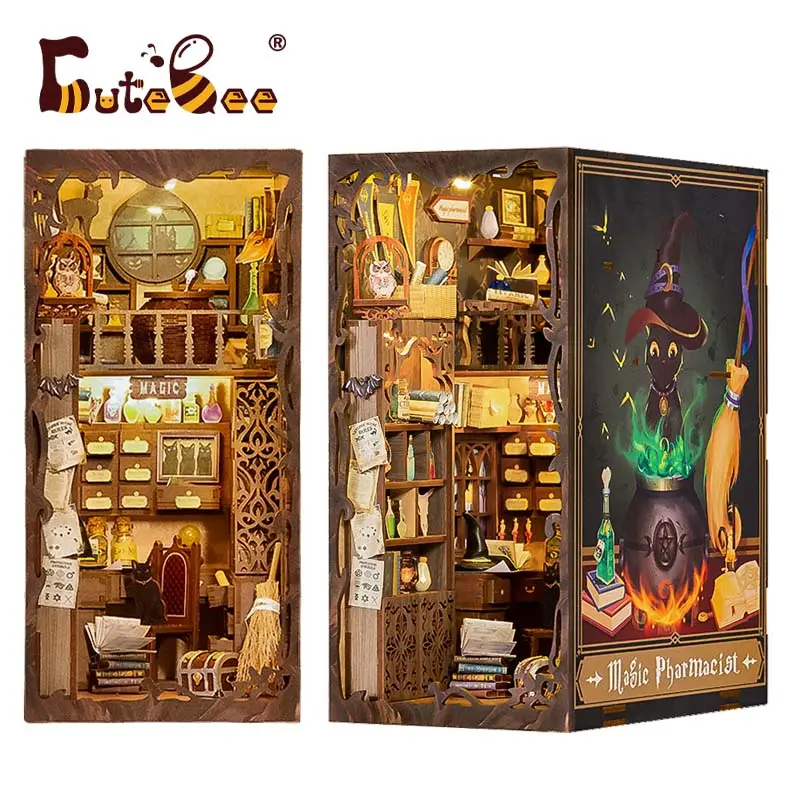 Cutebee Kerstcadeau Handgemaakt 3d Houten Puzzel Boekenplank Decoratie Speelgoed Diy Boek Hoekkit Met Led Licht Miniatuur Huis