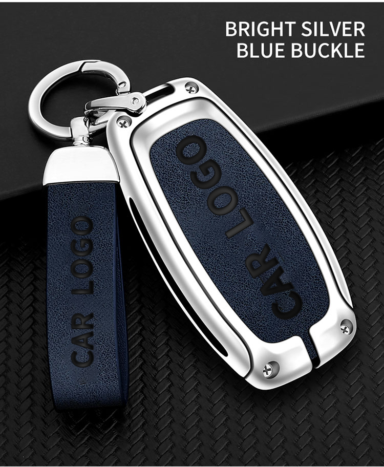 Bright silver blue + leather key chain