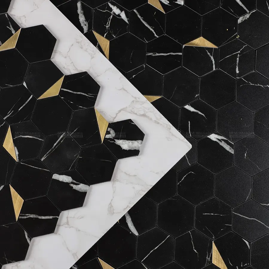 Vinilo de Pvc de 3,7mm de grosor, autoadhesivo, dorado, negro, mármol, azulejo de palo hexagonal para baño, pared, salpicaduras, proyecto de decoración de cocina