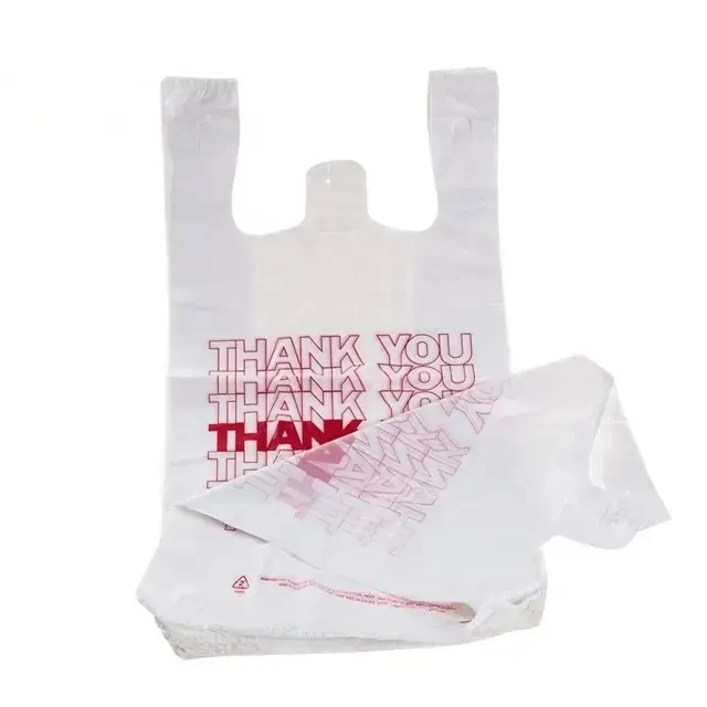 RTS 1000 pcs/pack 11.5*6.5*21 polegadas Branco Obrigado Vest Handle T Shirt Sacos De Transportador De Compras De Plástico