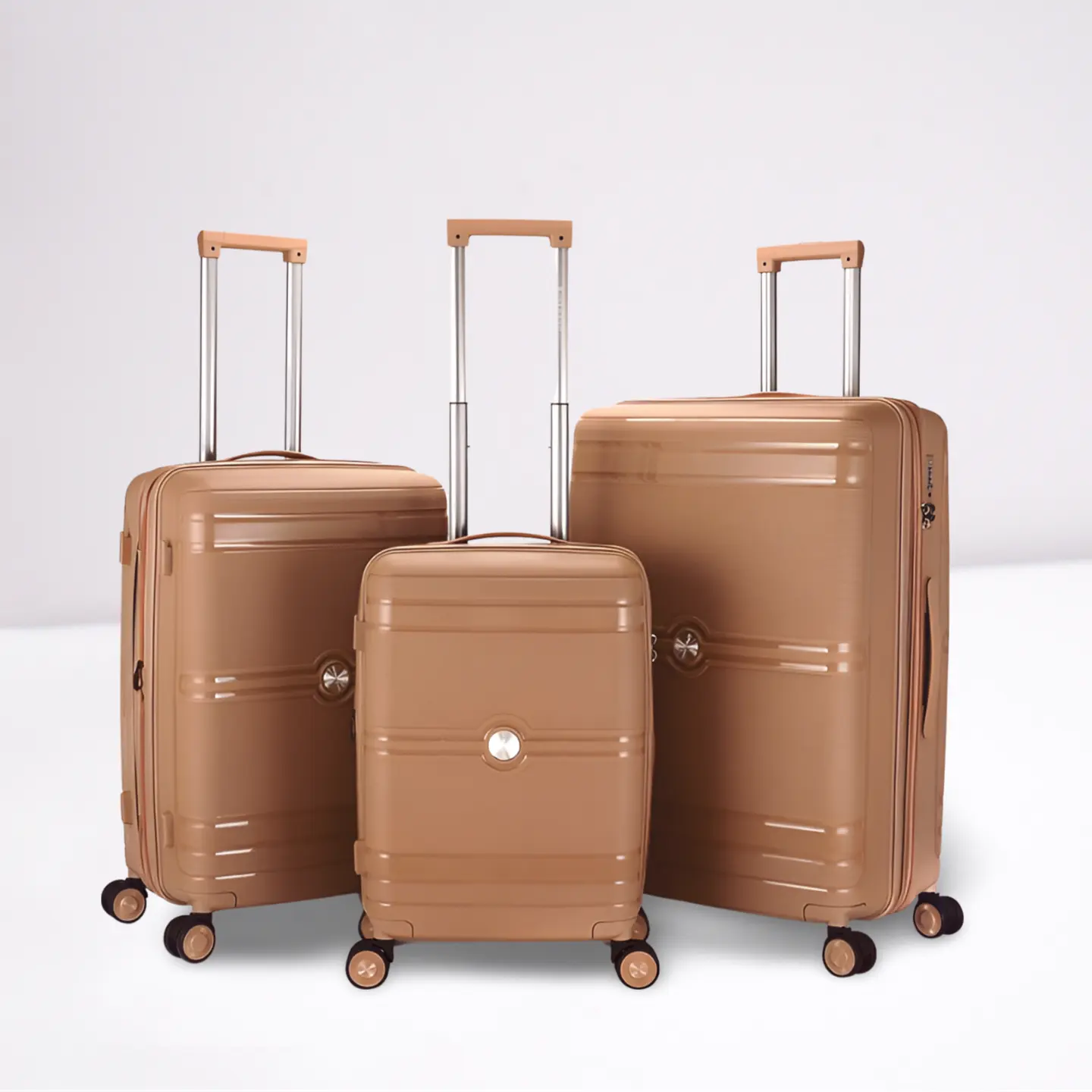 Kırılmaz PP malzeme fabrika fiyat sert kabuklu valiz seyahat çantası setleri 20 24 28 inç tekerlekler üzerinde haddeleme bagaj üreticisi