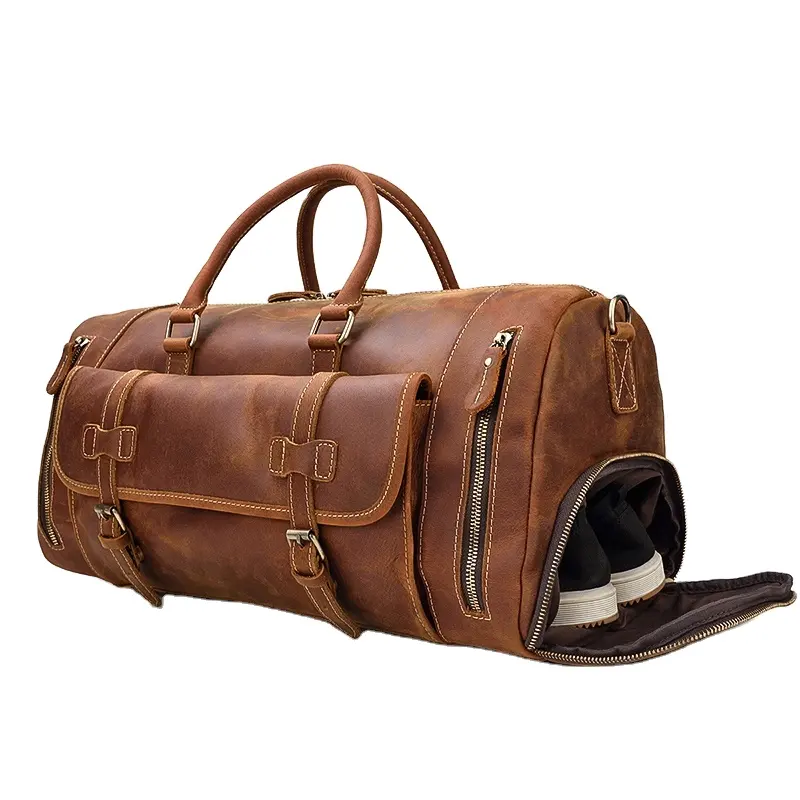 Bolsa de viagem duffle de couro genuíno, bolsa de viagem grande capacidade com compartimento para sapatos