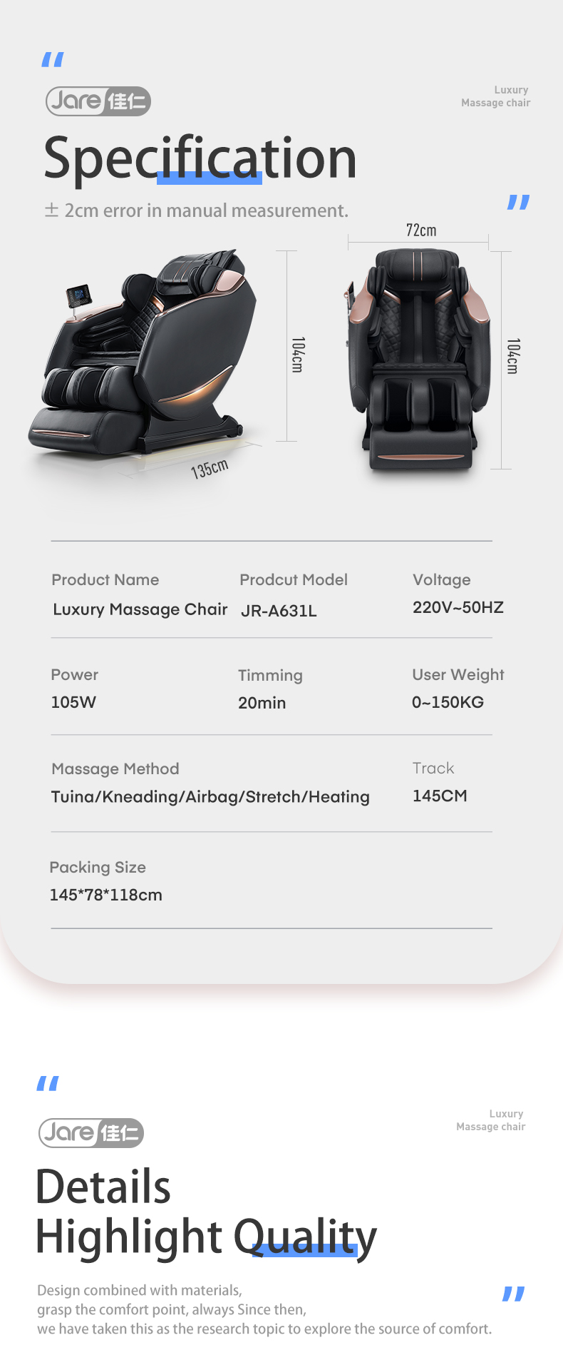Jare A631L Luxury 4D Multifunction SL Track   Full Body  Air Bags Zero Gravity  Shiatsu Recliner Foot Roller  Massage Chair