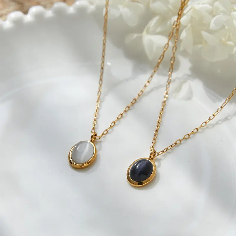 SSeeSY fashion jewelry collana con ciondolo in opale nero bianco in acciaio inossidabile con pietra preziosa naturale per le donne