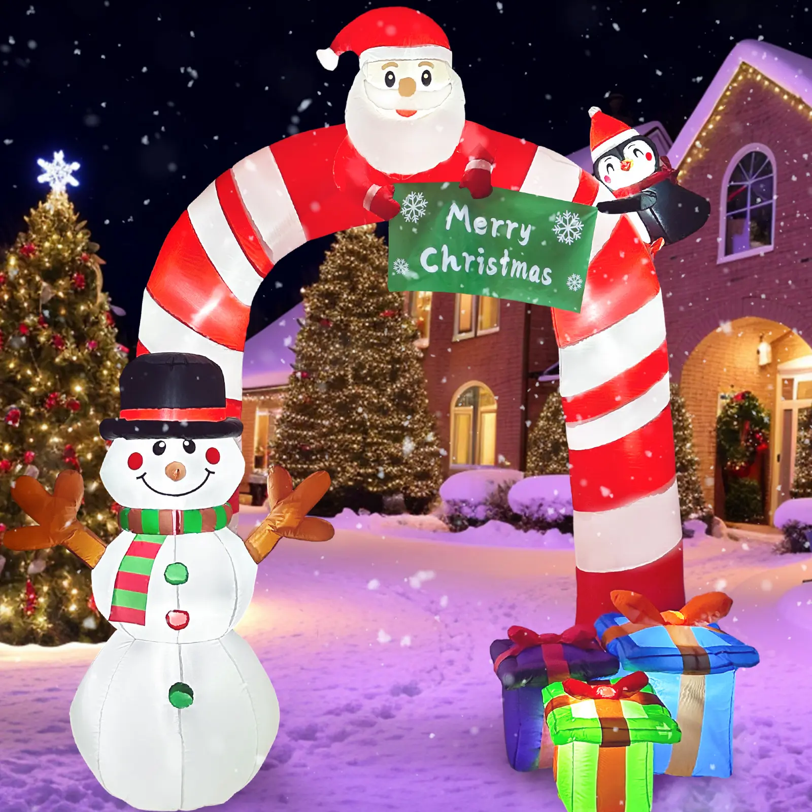 OurWarm 8FT Inflables de Navidad Candy Cane Archway Santa Penguin y Snowman Arco inflable Blow Up Decoraciones de patio