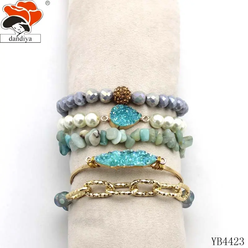 Pedra natural e cristal resina contas PRISCILLA BRACELET STACK por pulseiras artesanais Lovely Women Weddingbangle