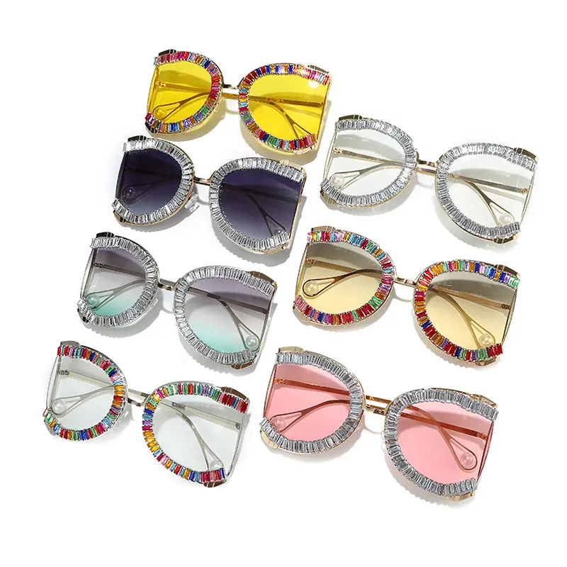 럭셔리 크리스탈 디자이너 선글라스 다이아몬드 대형 얇은 프레임 안경 파티 안경 여성 패션 음영 Gafas De Sol