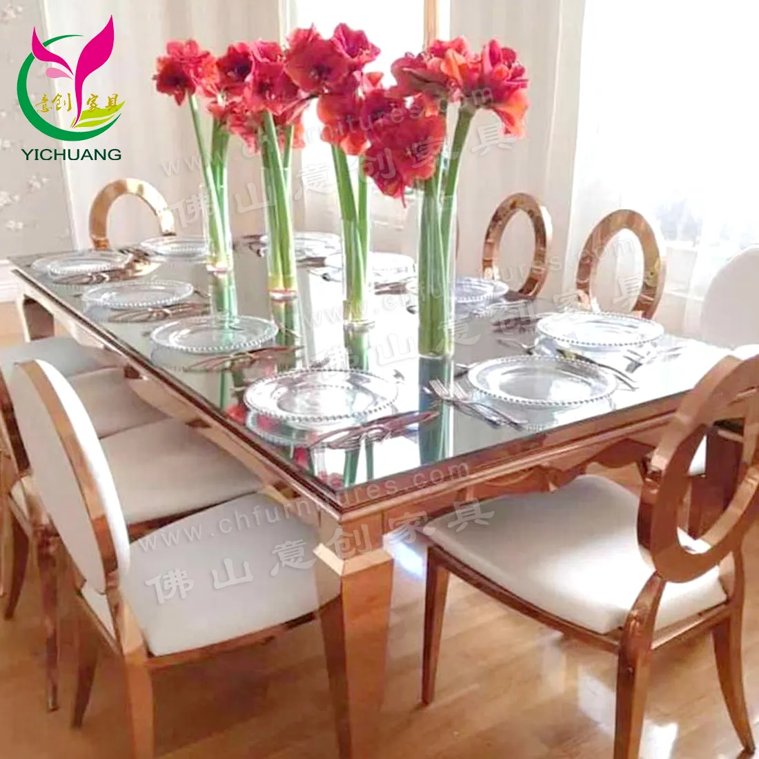 Wholesale Modern Rose Gold Stainless Steel Dining Table for Wedding and Catering