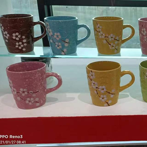 批发促销礼品杯套装七彩釉樱花图案陶瓷杯