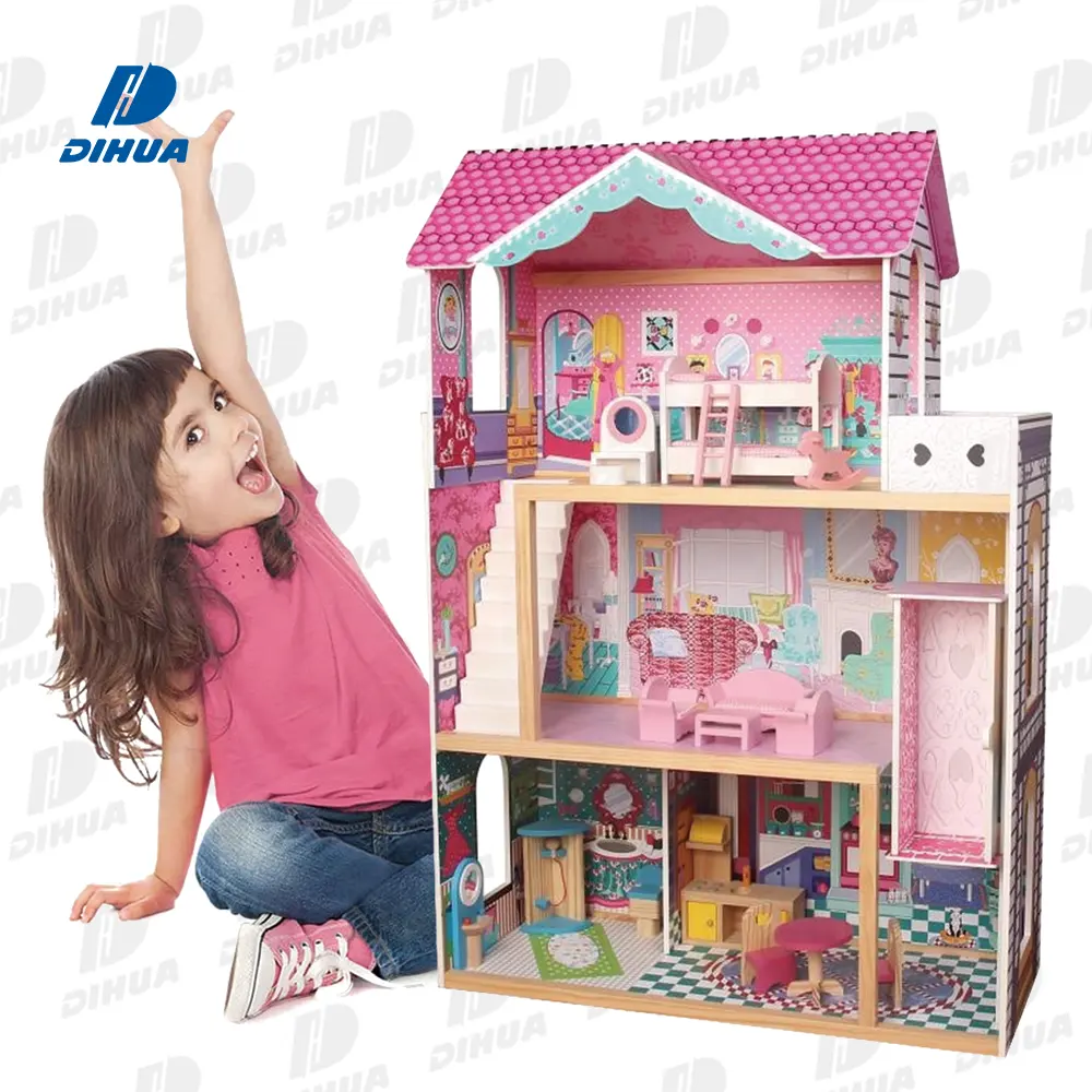 Rumah Boneka Kayu DIY Anak Perempuan, Set Mainan Furnitur Rumah Mainan Kayu untuk Anak-anak