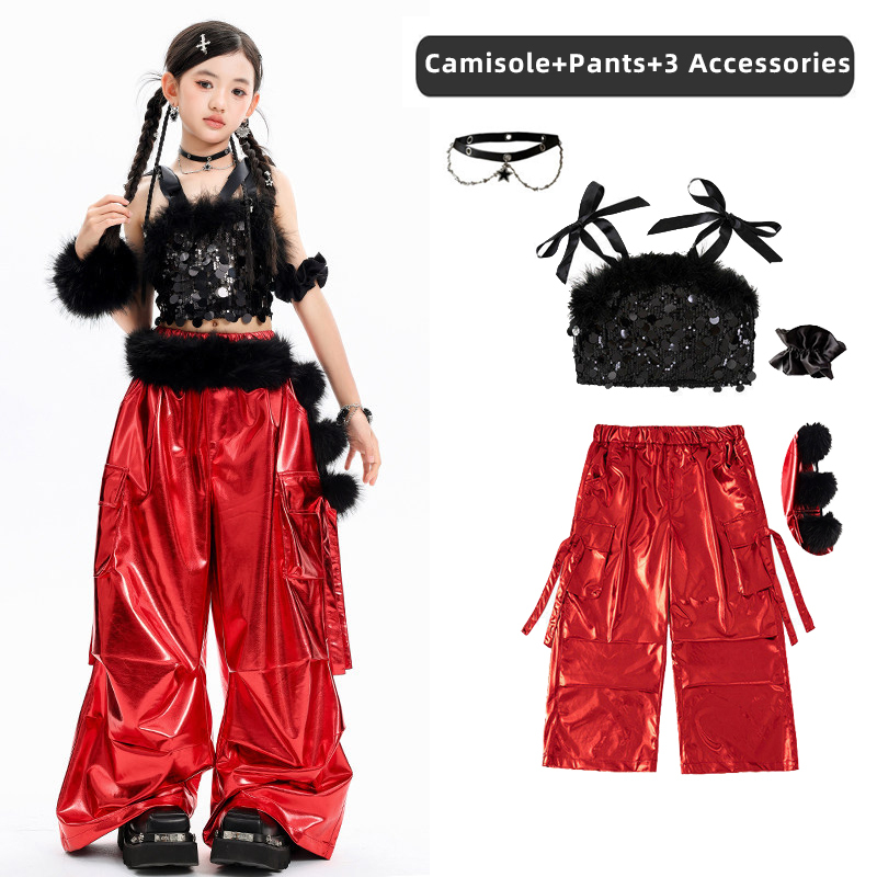 Black sequin suspenders+red trousers + collar + hair ring + belt
