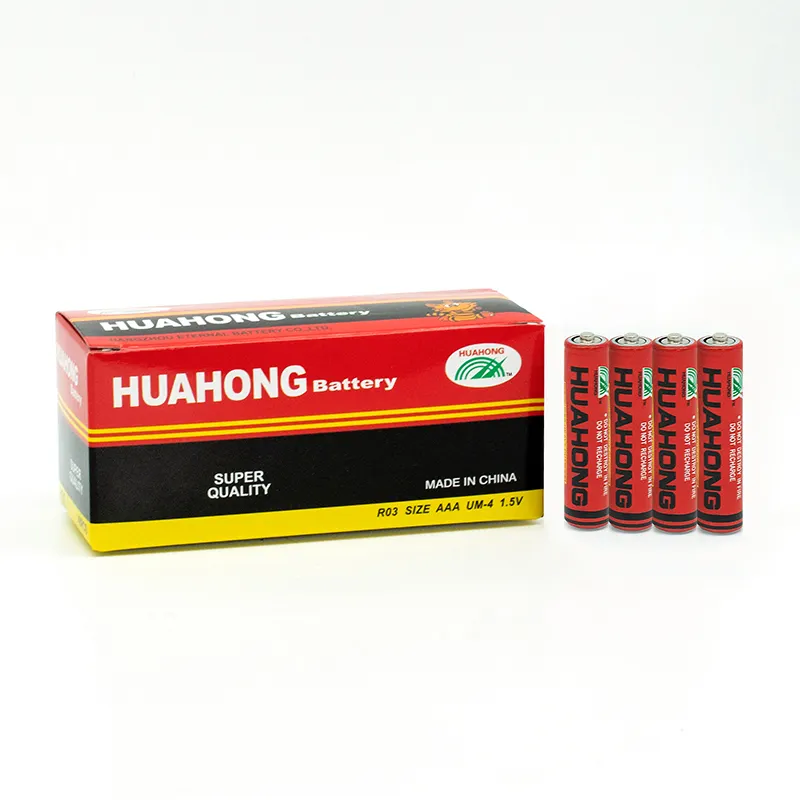 HUAHONG 에너지 절약 R03 UM4 크기 AAA 배터리 제조 1.5v 탄소 아연 건전지