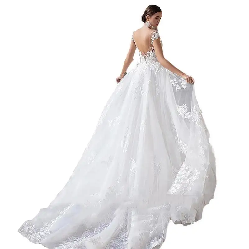 Luxury sexy V-back bride gown sleeveless fishtail lace applique slim mermaid wedding dress